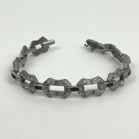 Vintage Art Deco Style Silver-Tone Bracelet Marcasite & Blue Stones - Picture 1 of 9